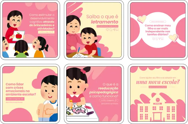 Imagem de amostra do produto Pack Canva com Artes/Posts editáveis para Psicopedagogia/Psicopedagoga/Psicopedagogo, mostrando uma variedade de conteúdos visuais atrativos para profissionais do mercado de afiliação e marketing digital. Inclui designs de posts, artes e conteúdo estratégico para promover uma imagem profissional e envolvente online. É um produto voltado para movimentar as redes sociais/social media do Instagram desses profissionais.