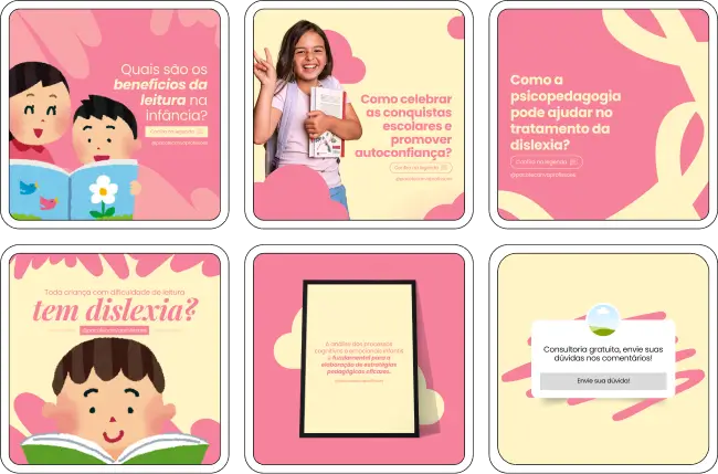 Imagem de amostra do produto Pack Canva com Artes/Posts editáveis para Psicopedagogia/Psicopedagoga/Psicopedagogo, mostrando uma variedade de conteúdos visuais atrativos para profissionais do mercado de afiliação e marketing digital. Inclui designs de posts, artes e conteúdo estratégico para promover uma imagem profissional e envolvente online. É um produto voltado para movimentar as redes sociais/social media do Instagram desses profissionais.