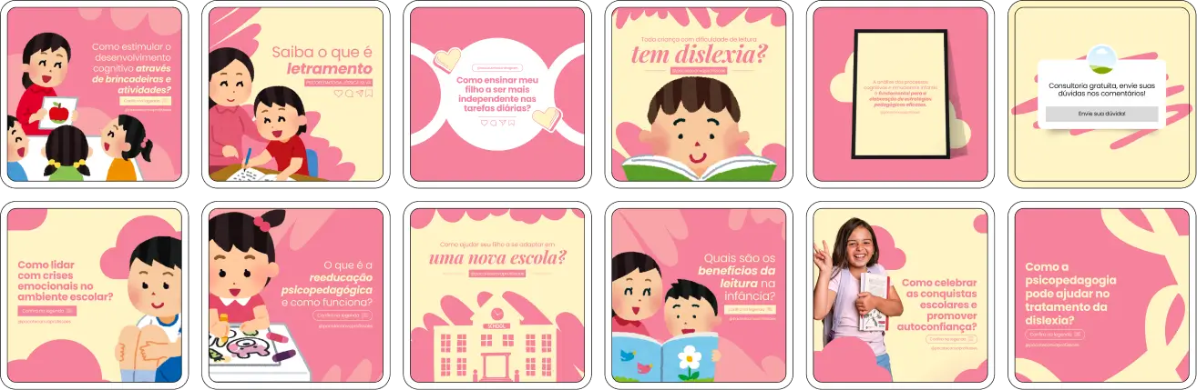 Imagem de amostra do produto Pack Canva com Artes/Posts editáveis para Psicopedagogia/Psicopedagoga/Psicopedagogo, mostrando uma variedade de conteúdos visuais atrativos para profissionais do mercado de afiliação e marketing digital. Inclui designs de posts, artes e conteúdo estratégico para promover uma imagem profissional e envolvente online. É um produto voltado para movimentar as redes sociais/social media do Instagram desses profissionais.