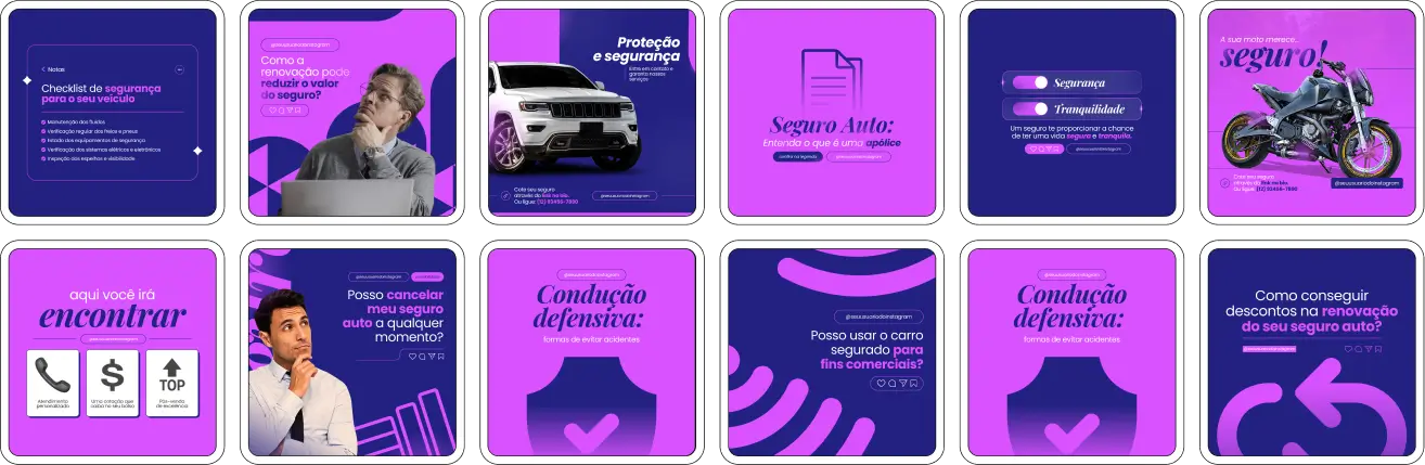Imagem de amostra do produto Pack Canva com Artes/Posts editáveis para Corretores de Seguro Auto, Seguradoras e profissionais de Consórcio, mostrando uma variedade de conteúdos visuais atrativos para o setor de seguros e serviços financeiros. Inclui designs de posts, artes e conteúdo estratégico para promover uma imagem profissional e envolvente online. Este produto é voltado para impulsionar as redes sociais e o marketing digital de corretores de seguros, corretores de consórcio e outros profissionais, especialmente no Instagram, facilitando a promoção de seguros, consórcios e aumentando o engajamento com potenciais clientes.