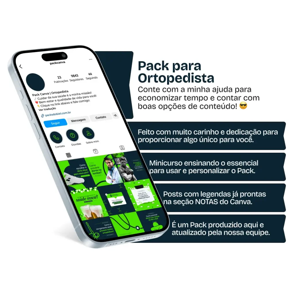 Imagem de amostra do produto Pack Canva com Artes/Posts editáveis para Ortopedista e Otorpedia, mostrando uma variedade de conteúdos visuais atrativos para profissionais do mercado de afiliação e marketing digital. Inclui designs de posts, artes e conteúdo estratégico para promover uma imagem profissional e envolvente online. É um produto voltado para movimentar as redes sociais/social media do Instagram desses profissionais.