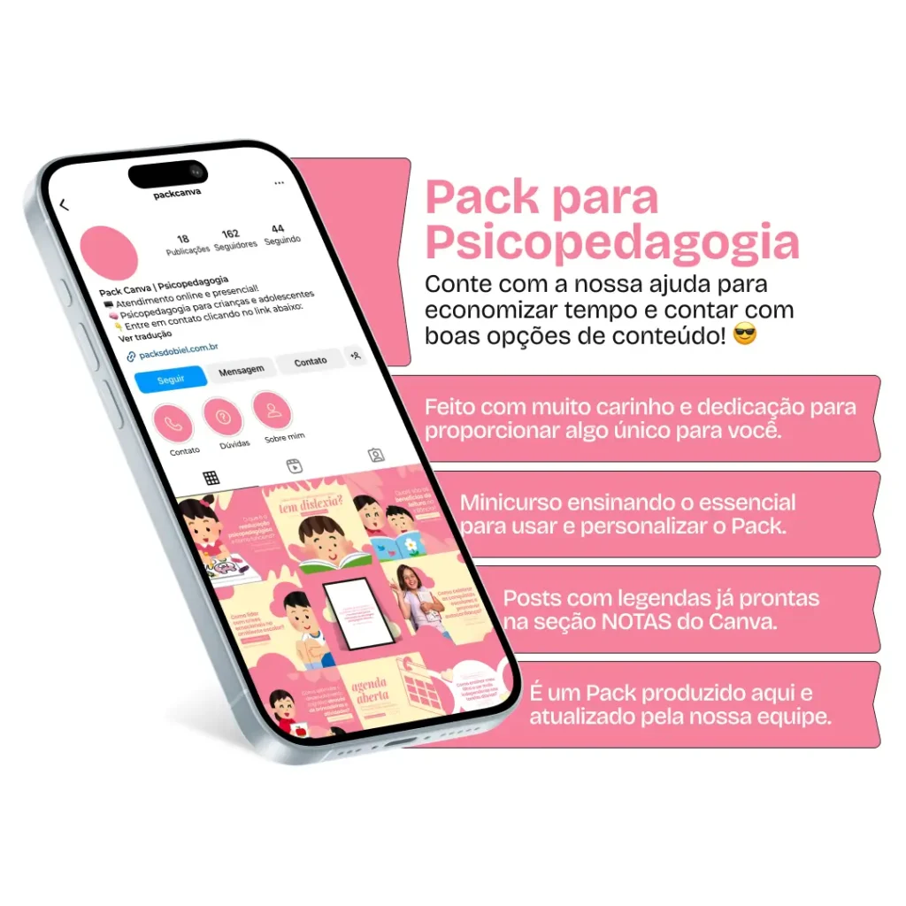 Imagem de amostra do produto Pack Canva com Artes/Posts editáveis para Psicopedagogia/Psicopedagoga/Psicopedagogo, mostrando uma variedade de conteúdos visuais atrativos para profissionais do mercado de afiliação e marketing digital. Inclui designs de posts, artes e conteúdo estratégico para promover uma imagem profissional e envolvente online. É um produto voltado para movimentar as redes sociais/social media do Instagram desses profissionais.