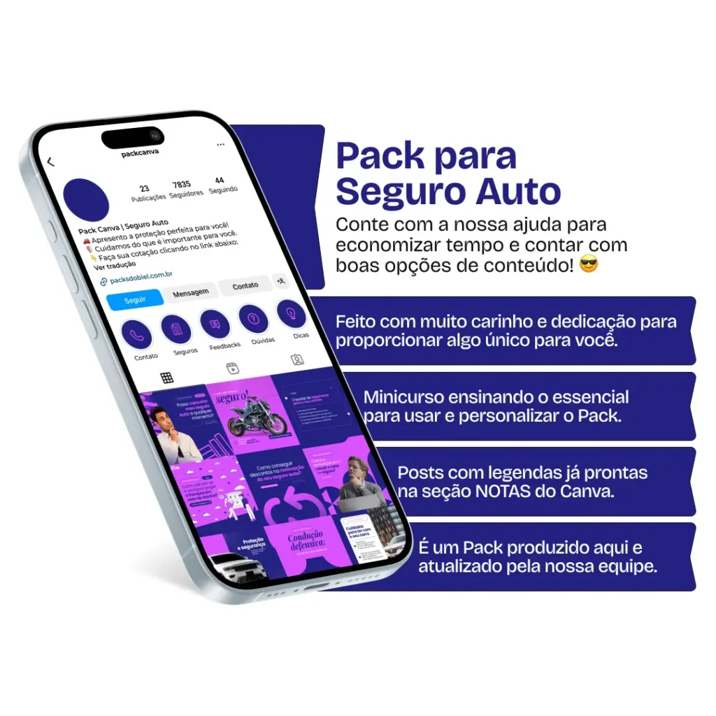 Imagem de amostra do produto Pack Canva com Artes/Posts editáveis para Corretores de Seguro Auto, Seguradoras e profissionais de Consórcio, mostrando uma variedade de conteúdos visuais atrativos para o setor de seguros e serviços financeiros. Inclui designs de posts, artes e conteúdo estratégico para promover uma imagem profissional e envolvente online. Este produto é voltado para impulsionar as redes sociais e o marketing digital de corretores de seguros, corretores de consórcio e outros profissionais, especialmente no Instagram, facilitando a promoção de seguros, consórcios e aumentando o engajamento com potenciais clientes.