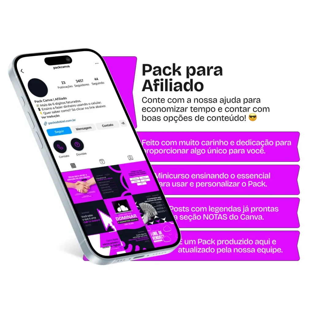 Captura de tela de um perfil de Instagram com uma variedade de conteúdos, artes e posts prontos para compartilhar sobre o mercado de Afiliados e Marketing Digital. A imagem faz parte do produto Pack Canva com Artes/Posts editáveis