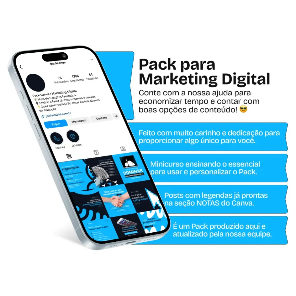 Imagem de amostra do produto Pack Canva com Artes/Posts editáveis para Marketing Digital, Social Media e Gestor de Tráfego Pago, mostrando uma variedade de conteúdos visuais atrativos para profissionais do mercado de afiliação e marketing digital. Inclui designs de posts, artes e conteúdo estratégico para promover uma imagem profissional e envolvente online. É um produto voltado para movimentar as redes sociais/social media do Instagram desses profissionais.