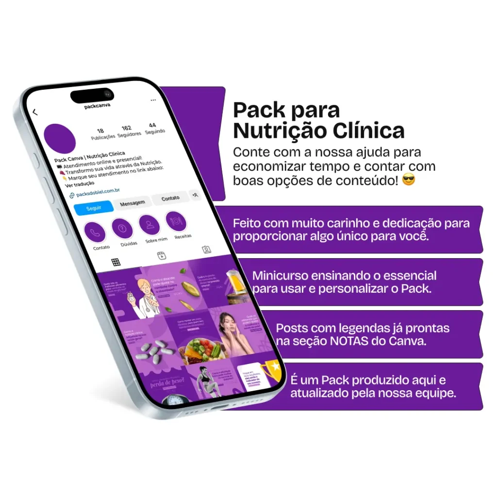 Imagem de amostra do produto Pack Canva com Artes/Posts editáveis para Nutricionista, Nutrição, Nutricionista Clínico, Nutrição Clínica, Nutricionista/Nutrição Infantil e Nutricionista/Nutrição Comportamental, Nutricionista/Nutrição Funcional, Nutricionista/Nutrição Clínica, Nutricionista Geriátrico, Nutrição Geriátrica e Nutricionista/Nutrição Esportiva, mostrando uma variedade de conteúdos visuais atrativos para profissionais do mercado de afiliação e marketing digital. Inclui designs de posts, artes e conteúdo estratégico para promover uma imagem profissional e envolvente online. É um produto voltado para movimentar as redes sociais/social media do Instagram desses profissionais.