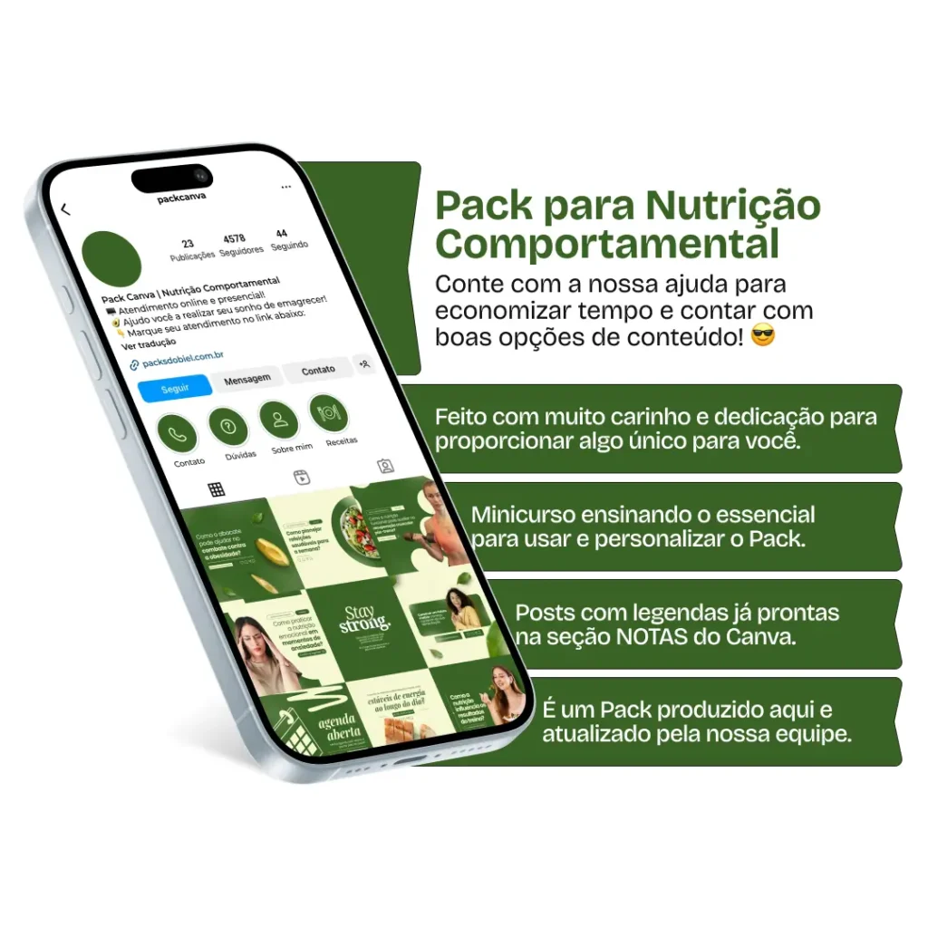 Imagem de amostra do Pack Canva com Artes e Posts Editáveis para Nutricionistas. Este produto inclui designs personalizados para Nutrição Clínica, Nutrição Infantil, Nutrição Comportamental, Nutrição Funcional, Nutrição Geriátrica e Nutrição Esportiva. Ideal para profissionais de nutrição que desejam fortalecer sua presença no Instagram, o pack oferece uma variedade de conteúdos visuais atrativos e estratégicos. Perfeito para afiliados e especialistas em marketing digital, facilita a criação de uma imagem profissional e envolvente online. Potencialize seu marketing digital com este pack de designs e aumente seu engajamento nas redes sociais.