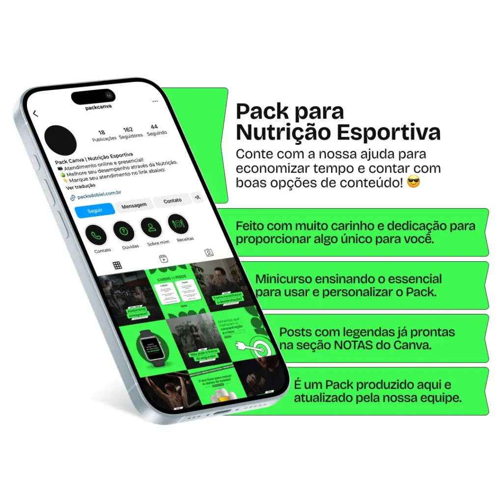 Imagem de amostra do Pack Canva com Artes e Posts Editáveis para Nutricionistas. Este produto inclui designs personalizados para Nutrição Clínica, Nutrição Infantil, Nutrição Comportamental, Nutrição Funcional, Nutrição Geriátrica e Nutrição Esportiva. Ideal para profissionais de nutrição que desejam fortalecer sua presença no Instagram, o pack oferece uma variedade de conteúdos visuais atrativos e estratégicos. Perfeito para afiliados e especialistas em marketing digital, facilita a criação de uma imagem profissional e envolvente online. Potencialize seu marketing digital com este pack de designs e aumente seu engajamento nas redes sociais.