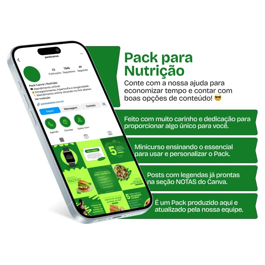 Imagem de amostra do produto Pack Canva com Artes/Posts editáveis para Nutricionista, Nutrição, Nutricionista/Nutrição Infantil e Nutricionista/Nutrição Comportamental, Nutricionista/Nutrição Funcional, Nutricionista/Nutrição Clínica e Nutricionista/Nutrição Esportiva, mostrando uma variedade de conteúdos visuais atrativos para profissionais do mercado de afiliação e marketing digital. Inclui designs de posts, artes e conteúdo estratégico para promover uma imagem profissional e envolvente online. É um produto voltado para movimentar as redes sociais/social media do Instagram desses profissionais.