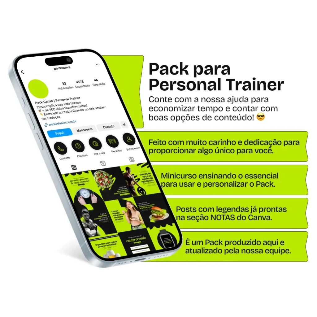 Imagem de amostra do produto Pack Canva com Artes/Posts editáveis para Personal Trainer e profissionais de educação física, mostrando uma variedade de conteúdos visuais atrativos para profissionais do mercado de afiliação e marketing digital. Inclui designs de posts, artes e conteúdo estratégico para promover uma imagem profissional e envolvente online. É um produto voltado para movimentar as redes sociais/social media do Instagram desses profissionais.
