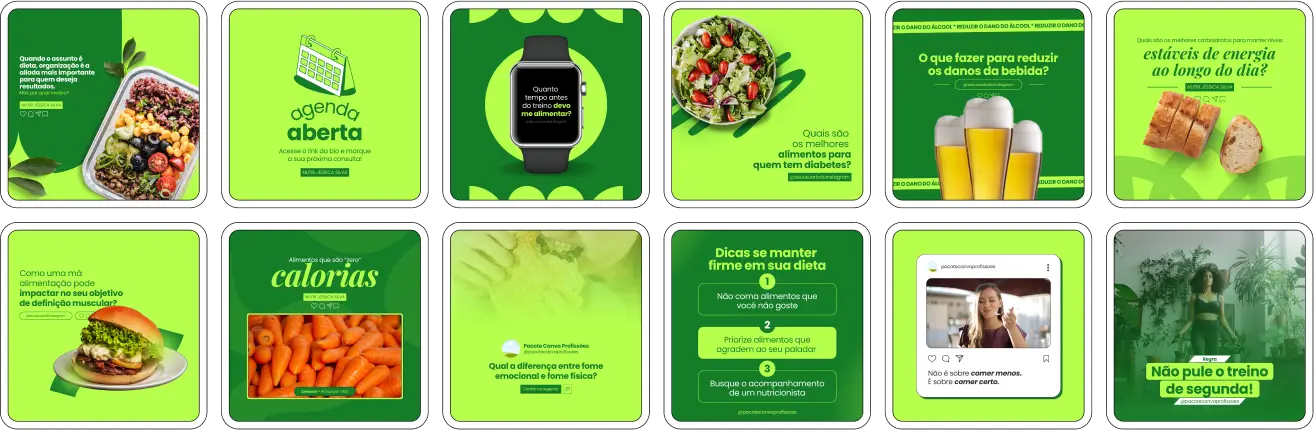 Imagem de amostra do produto Pack Canva com Artes/Posts editáveis para Nutricionista, Nutrição, Nutricionista/Nutrição Infantil e Nutricionista/Nutrição Comportamental, Nutricionista/Nutrição Funcional, Nutricionista/Nutrição Clínica e Nutricionista/Nutrição Esportiva, mostrando uma variedade de conteúdos visuais atrativos para profissionais do mercado de afiliação e marketing digital. Inclui designs de posts, artes e conteúdo estratégico para promover uma imagem profissional e envolvente online. É um produto voltado para movimentar as redes sociais/social media do Instagram desses profissionais.