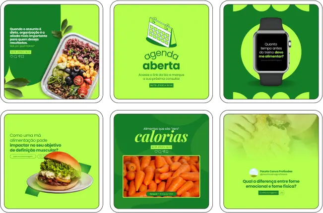 Imagem de amostra do produto Pack Canva com Artes/Posts editáveis para Nutricionista, Nutrição, Nutricionista/Nutrição Infantil e Nutricionista/Nutrição Comportamental, Nutricionista/Nutrição Funcional, Nutricionista/Nutrição Clínica e Nutricionista/Nutrição Esportiva, mostrando uma variedade de conteúdos visuais atrativos para profissionais do mercado de afiliação e marketing digital. Inclui designs de posts, artes e conteúdo estratégico para promover uma imagem profissional e envolvente online. É um produto voltado para movimentar as redes sociais/social media do Instagram desses profissionais.
