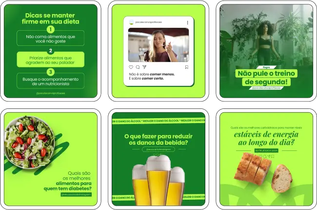 Imagem de amostra do produto Pack Canva com Artes/Posts editáveis para Nutricionista, Nutrição, Nutricionista/Nutrição Infantil e Nutricionista/Nutrição Comportamental, Nutricionista/Nutrição Funcional, Nutricionista/Nutrição Clínica e Nutricionista/Nutrição Esportiva, mostrando uma variedade de conteúdos visuais atrativos para profissionais do mercado de afiliação e marketing digital. Inclui designs de posts, artes e conteúdo estratégico para promover uma imagem profissional e envolvente online. É um produto voltado para movimentar as redes sociais/social media do Instagram desses profissionais.