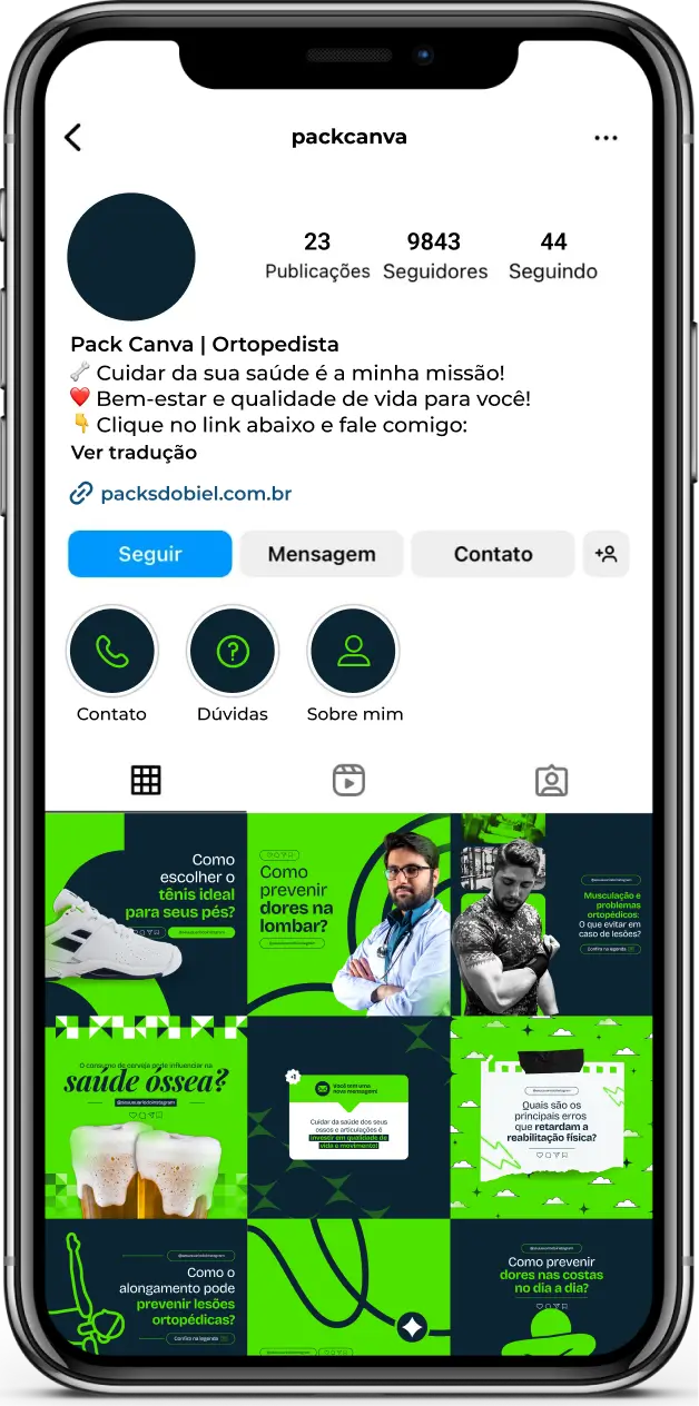 Imagem de amostra do produto Pack Canva com Artes/Posts editáveis para Ortopedista e Otorpedia, mostrando uma variedade de conteúdos visuais atrativos para profissionais do mercado de afiliação e marketing digital. Inclui designs de posts, artes e conteúdo estratégico para promover uma imagem profissional e envolvente online. É um produto voltado para movimentar as redes sociais/social media do Instagram desses profissionais.