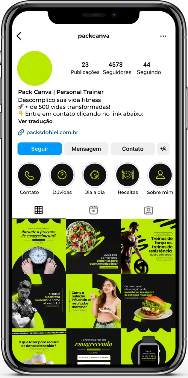 Imagem de amostra do produto Pack Canva com Artes/Posts editáveis para Personal Trainer e profissionais de educação física, mostrando uma variedade de conteúdos visuais atrativos para profissionais do mercado de afiliação e marketing digital. Inclui designs de posts, artes e conteúdo estratégico para promover uma imagem profissional e envolvente online. É um produto voltado para movimentar as redes sociais/social media do Instagram desses profissionais.