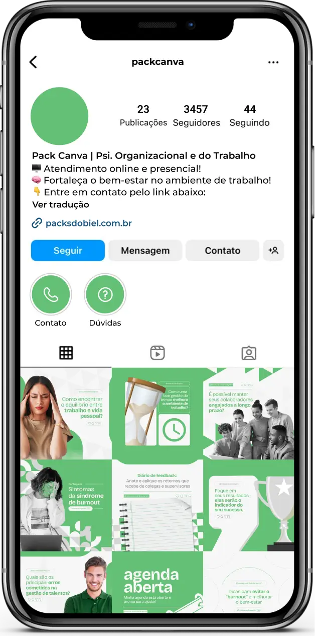 Imagem de amostra do produto Pack Canva com Artes/Posts editáveis para Psicologia Organizacional e do Trabalho, mostrando uma variedade de conteúdos visuais atrativos para profissionais do mercado de afiliação e marketing digital. Inclui designs de posts, artes e conteúdo estratégico para promover uma imagem profissional e envolvente online. É um produto voltado para movimentar as redes sociais/social media do Instagram desses profissionais.