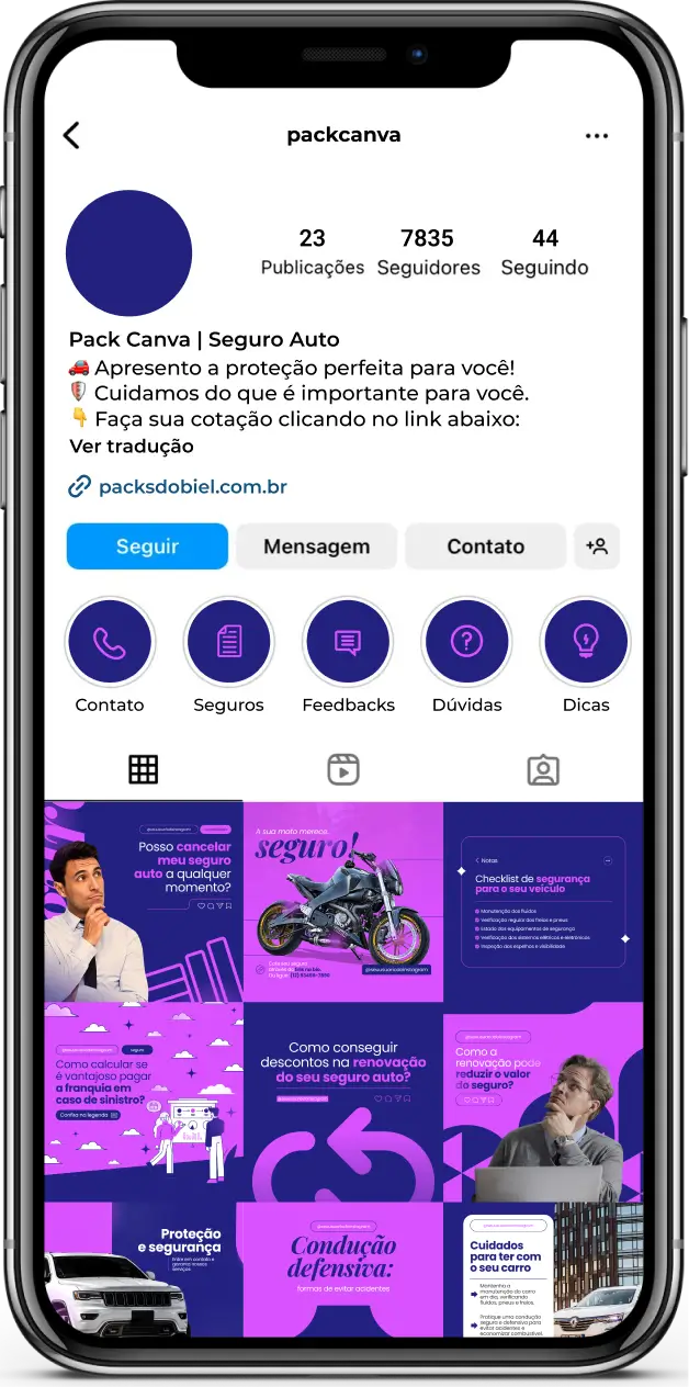Imagem de amostra do produto Pack Canva com Artes/Posts editáveis para Corretores de Seguro Auto, Seguradoras e profissionais de Consórcio, mostrando uma variedade de conteúdos visuais atrativos para o setor de seguros e serviços financeiros. Inclui designs de posts, artes e conteúdo estratégico para promover uma imagem profissional e envolvente online. Este produto é voltado para impulsionar as redes sociais e o marketing digital de corretores de seguros, corretores de consórcio e outros profissionais, especialmente no Instagram, facilitando a promoção de seguros, consórcios e aumentando o engajamento com potenciais clientes.