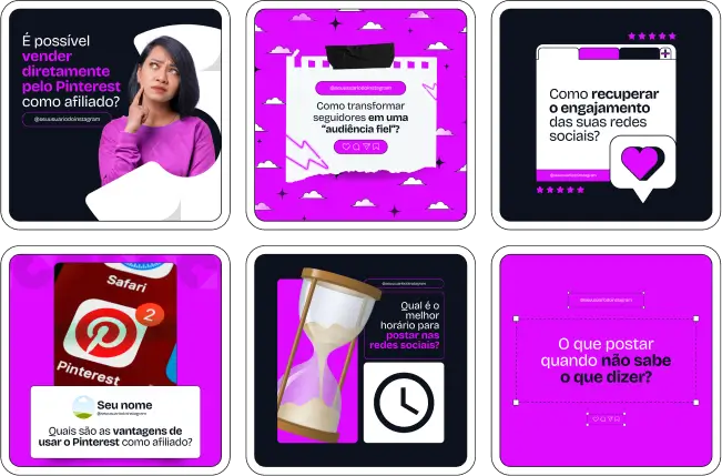 Imagem de amostra do produto Pack Canva com Artes/Posts editáveis para Afiliados Digitais, Profissionais de Marketing Digital e Gestores de Tráfego e profissionais de educação física, mostrando uma variedade de conteúdos visuais atrativos para profissionais. Inclui designs de posts, artes e conteúdo estratégico para promover uma imagem profissional e envolvente online. É um produto voltado para movimentar as redes sociais/social media do Instagram desses profissionais.