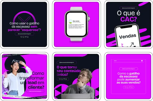 Imagem de amostra do produto Pack Canva com Artes/Posts editáveis para Afiliados Digitais, Profissionais de Marketing Digital e Gestores de Tráfego e profissionais de educação física, mostrando uma variedade de conteúdos visuais atrativos para profissionais. Inclui designs de posts, artes e conteúdo estratégico para promover uma imagem profissional e envolvente online. É um produto voltado para movimentar as redes sociais/social media do Instagram desses profissionais.
