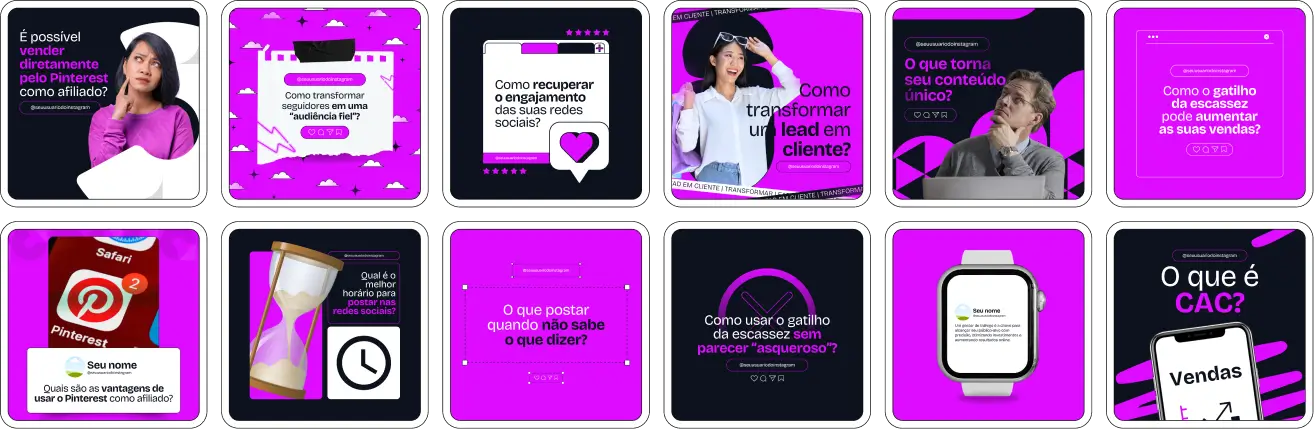 Imagem de amostra do produto Pack Canva com Artes/Posts editáveis para Afiliados Digitais, Profissionais de Marketing Digital e Gestores de Tráfego e profissionais de educação física, mostrando uma variedade de conteúdos visuais atrativos para profissionais. Inclui designs de posts, artes e conteúdo estratégico para promover uma imagem profissional e envolvente online. É um produto voltado para movimentar as redes sociais/social media do Instagram desses profissionais.