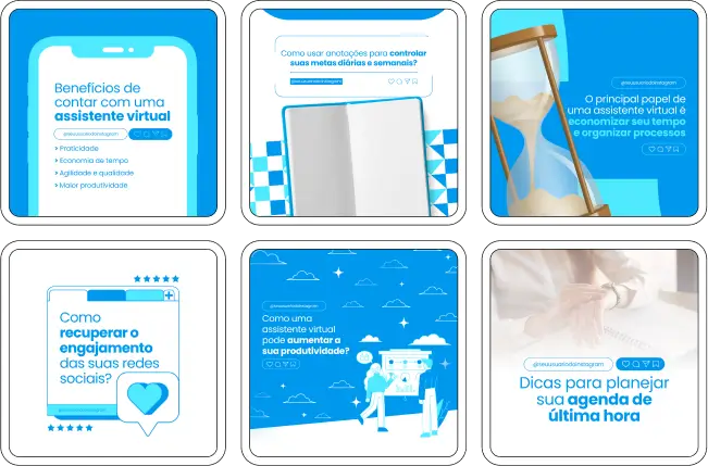 Pack Canva Assistente Virtual, Secretariado Remoto e Gestão Administrativa Online – Kit completo de posts editáveis no Canva, ideal para assistentes virtuais, secretárias remotas e profissionais de gestão administrativa online. Inclui materiais personalizados com conteúdos educativos sobre organização de tarefas, dicas de produtividade, ferramentas digitais, gestão de tempo e serviços personalizados. Perfeito para criar um perfil de Instagram atrativo, engajar empreendedores e empresas, fortalecer sua presença digital e promover seus serviços de forma estratégica e profissional.