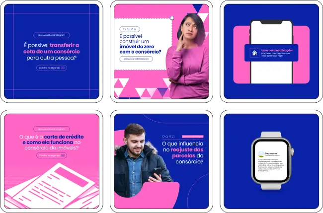 Imagem de amostra do produto Pack Canva com Artes/Posts editáveis para profissionais que vendem Consórcio de Imóveis, consultores de consórcio, corretores de consórcio, mostrando uma variedade de conteúdos visuais atrativos para profissionais. Inclui designs de posts, artes e conteúdo estratégico para promover uma imagem profissional e envolvente online. É um produto voltado para movimentar as redes sociais/social media do Instagram desses profissionais.