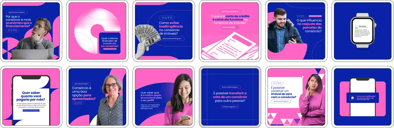 Imagem de amostra do produto Pack Canva com Artes/Posts editáveis para profissionais que vendem Consórcio de Imóveis, consultores de consórcio, corretores de consórcio, mostrando uma variedade de conteúdos visuais atrativos para profissionais. Inclui designs de posts, artes e conteúdo estratégico para promover uma imagem profissional e envolvente online. É um produto voltado para movimentar as redes sociais/social media do Instagram desses profissionais.