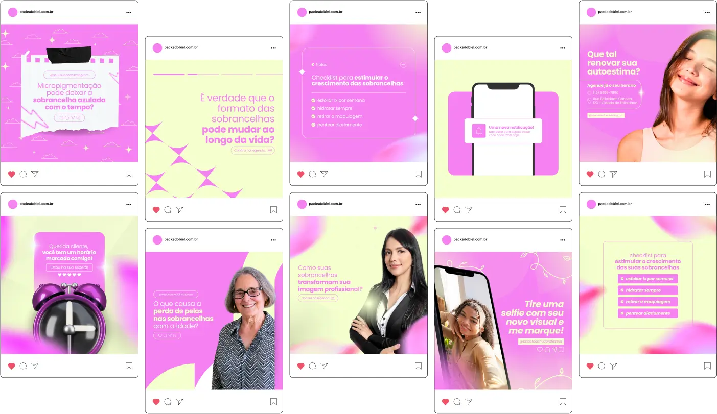 Pack Canva Designer de Sobrancelhas - Posts editáveis e prontos para Instagram, perfeito para profissionais de design de sobrancelhas, estúdios de beleza e especialistas em estética facial. Inclui artes estratégicas com conteúdos sobre design de sobrancelhas, microblading, antes e depois, cuidados essenciais, promoções de serviços e tendências de beleza. Ideal para aumentar o alcance, atrair clientes e destacar sua marca nas redes sociais, otimizando sua presença online.