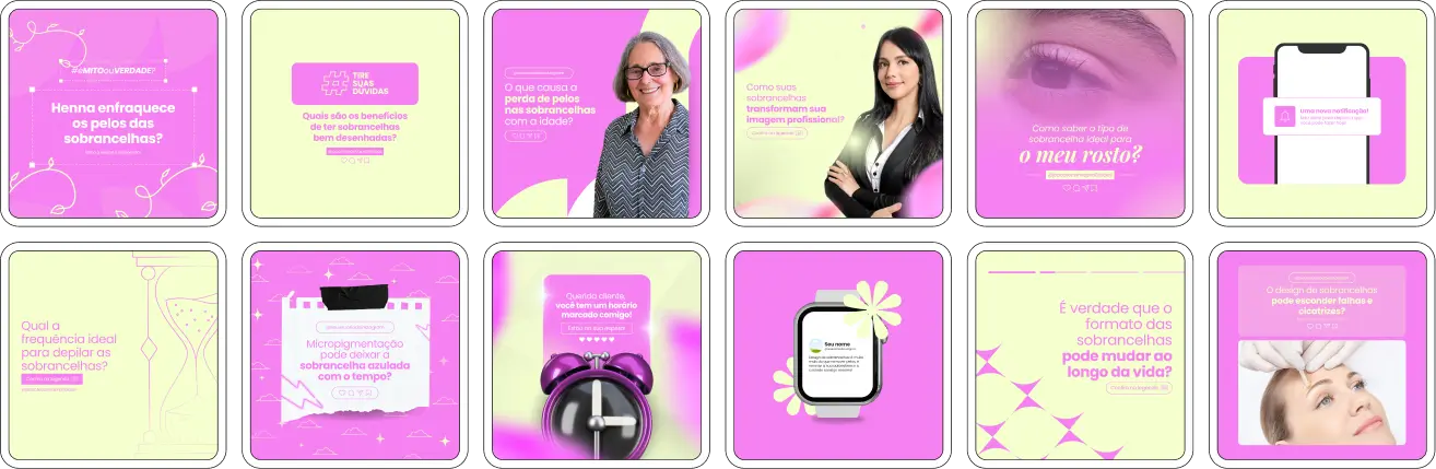 Pack Canva Designer de Sobrancelhas - Posts editáveis e prontos para Instagram, perfeito para profissionais de design de sobrancelhas, estúdios de beleza e especialistas em estética facial. Inclui artes estratégicas com conteúdos sobre design de sobrancelhas, microblading, antes e depois, cuidados essenciais, promoções de serviços e tendências de beleza. Ideal para aumentar o alcance, atrair clientes e destacar sua marca nas redes sociais, otimizando sua presença online.