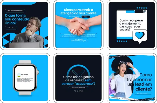 Pack Canva Marketing Digital com posts editáveis para Redes Sociais, ideal para profissionais que desejam destacar sua expertise e atrair clientes no Instagram. Inclui templates prontos sobre estratégias de marketing, dicas de engajamento, criação de conteúdo, funil de vendas e tendências digitais, ajudando a produzir conteúdos visualmente atrativos, educativos e persuasivos.