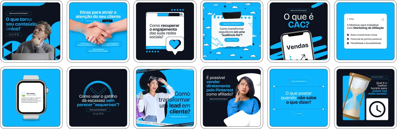 Pack Canva Marketing Digital com posts editáveis para Redes Sociais, ideal para profissionais que desejam destacar sua expertise e atrair clientes no Instagram. Inclui templates prontos sobre estratégias de marketing, dicas de engajamento, criação de conteúdo, funil de vendas e tendências digitais, ajudando a produzir conteúdos visualmente atrativos, educativos e persuasivos.