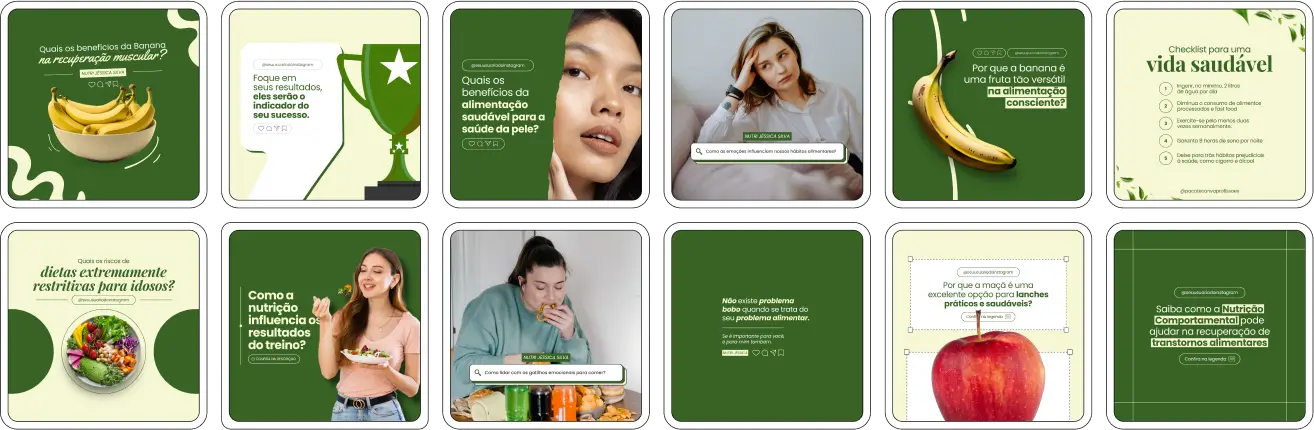 Pack Canva Nutrição Comportamental, Educação Alimentar e Coaching Nutricional – Kit completo de posts editáveis no Canva, ideal para nutricionistas comportamentais, educadores alimentares e coaches nutricionais. Inclui materiais personalizados com conteúdos educativos sobre hábitos alimentares saudáveis, comportamento alimentar, dicas de equilíbrio nutricional, estratégias de reeducação alimentar e motivação para mudanças de estilo de vida. Perfeito para criar um perfil de Instagram atrativo, engajar pacientes e seguidores, fortalecer sua presença digital e promover serviços nutricionais de forma estratégica e profissional.
