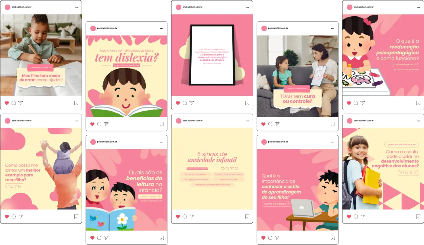 Pack Canva Psicopedagogia com posts editáveis para Redes Sociais, projetado para psicopedagogos que desejam destacar sua autoridade e atrair clientes no Instagram. Inclui templates prontos sobre temas como dificuldades de aprendizagem, técnicas de estudo, desenvolvimento infantil e dicas para pais e educadores, permitindo criar conteúdos informativos, educativos e visualmente profissionais com facilidade.