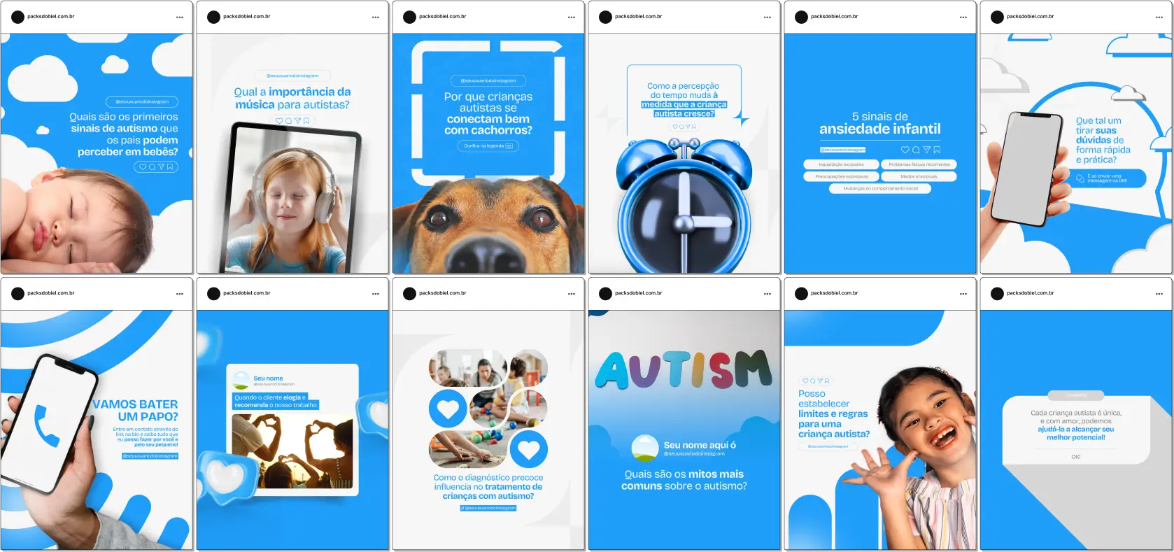Pack Canva Autismo, Inclusão e Apoio a Crianças com Transtorno do Espectro Autista (TEA) – Com este kit de posts e artes editáveis no Canva, profissionais da área da saúde, psicólogos, educadores e especialistas em autismo podem criar conteúdos prontos para postar no Instagram e redes sociais. Inclui materiais personalizados com conteúdos educativos sobre diagnóstico precoce, estratégias de intervenção, dicas de apoio para pais e educadores, inclusão escolar e sensibilidade ao Transtorno do Espectro Autista. Ideal para promover a conscientização, engajar a comunidade e fortalecer sua presença digital ao oferecer apoio e serviços especializados.