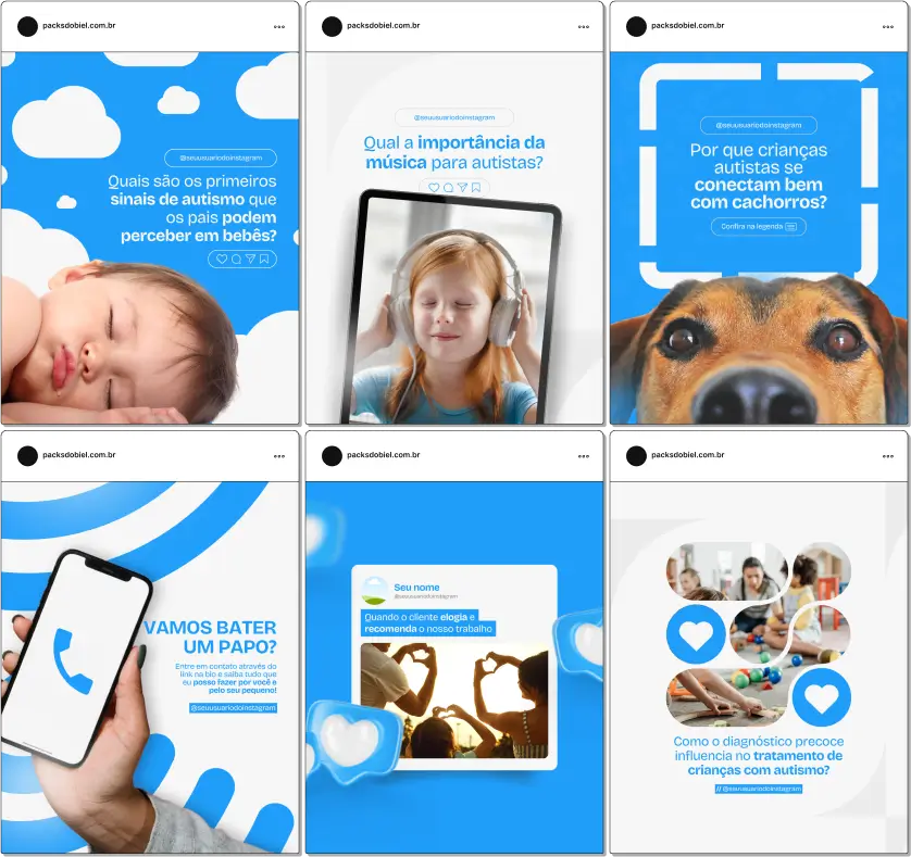 Pack Canva Autismo, Inclusão e Apoio a Crianças com Transtorno do Espectro Autista (TEA) – Com este kit de posts e artes editáveis no Canva, profissionais da área da saúde, psicólogos, educadores e especialistas em autismo podem criar conteúdos prontos para postar no Instagram e redes sociais. Inclui materiais personalizados com conteúdos educativos sobre diagnóstico precoce, estratégias de intervenção, dicas de apoio para pais e educadores, inclusão escolar e sensibilidade ao Transtorno do Espectro Autista. Ideal para promover a conscientização, engajar a comunidade e fortalecer sua presença digital ao oferecer apoio e serviços especializados.