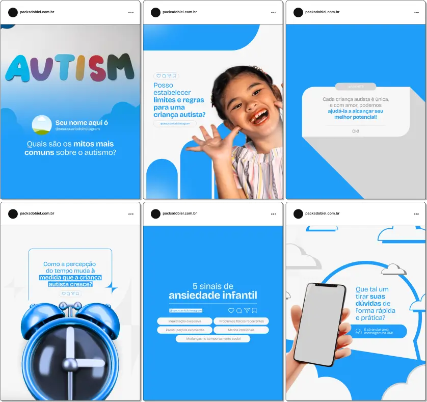 Pack Canva Autismo, Inclusão e Apoio a Crianças com Transtorno do Espectro Autista (TEA) – Com este kit de posts e artes editáveis no Canva, profissionais da área da saúde, psicólogos, educadores e especialistas em autismo podem criar conteúdos prontos para postar no Instagram e redes sociais. Inclui materiais personalizados com conteúdos educativos sobre diagnóstico precoce, estratégias de intervenção, dicas de apoio para pais e educadores, inclusão escolar e sensibilidade ao Transtorno do Espectro Autista. Ideal para promover a conscientização, engajar a comunidade e fortalecer sua presença digital ao oferecer apoio e serviços especializados.