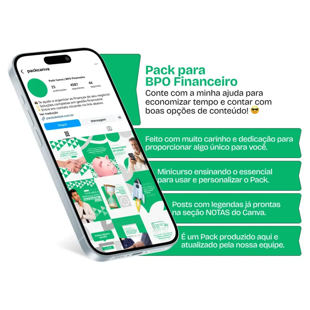 Pack Canva BPO Financeiro, Gestão Financeira e Consultoria Empresarial – Kit completo de posts editáveis no Canva, ideal para profissionais de BPO financeiro, consultores de gestão financeira e especialistas em administração empresarial. Inclui materiais personalizados com conteúdos educativos sobre organização financeira, controle de fluxo de caixa, dicas de redução de custos, planejamento financeiro e benefícios do outsourcing financeiro. Perfeito para criar um perfil de Instagram atrativo, engajar empreendedores, fortalecer sua presença digital e promover seus serviços de forma estratégica e profissional.