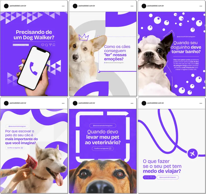 Pack Canva Dog Walker, Serviços de Passeio com Cães e Cuidados com Pets – Com este kit de posts e artes editáveis no Canva, profissionais de passeio com cães, cuidadores de pets e amantes de animais podem criar conteúdos prontos para postar no Instagram e redes sociais. Inclui materiais personalizados com dicas de cuidados com cães, benefícios do passeio diário, segurança durante os passeios, promoções de serviços e informações sobre bem-estar animal. Ideal para atrair tutores de pets, fortalecer sua presença digital e promover seus serviços de forma estratégica e profissional.