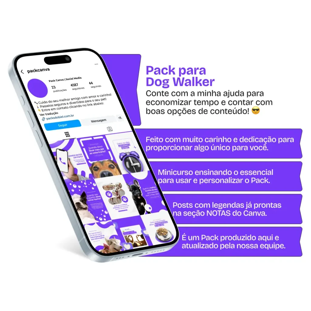Pack Canva Dog Walker, Serviços de Passeio com Cães e Cuidados com Pets – Com este kit de posts e artes editáveis no Canva, profissionais de passeio com cães, cuidadores de pets e amantes de animais podem criar conteúdos prontos para postar no Instagram e redes sociais. Inclui materiais personalizados com dicas de cuidados com cães, benefícios do passeio diário, segurança durante os passeios, promoções de serviços e informações sobre bem-estar animal. Ideal para atrair tutores de pets, fortalecer sua presença digital e promover seus serviços de forma estratégica e profissional.