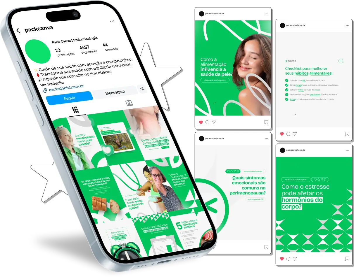 Pack Canva Endocrinologia, Saúde Hormonal e Bem-Estar – Com este kit de posts e artes editáveis no Canva, endocrinologistas, clínicas de endocrinologia e profissionais da saúde podem criar conteúdos prontos para postar no Instagram e redes sociais. Inclui materiais personalizados com conteúdos educativos sobre doenças endócrinas, equilíbrio hormonal, dicas de alimentação saudável, tratamentos e cuidados preventivos. Ideal para promover a saúde hormonal, engajar pacientes e fortalecer sua presença digital de forma estratégica e profissional.