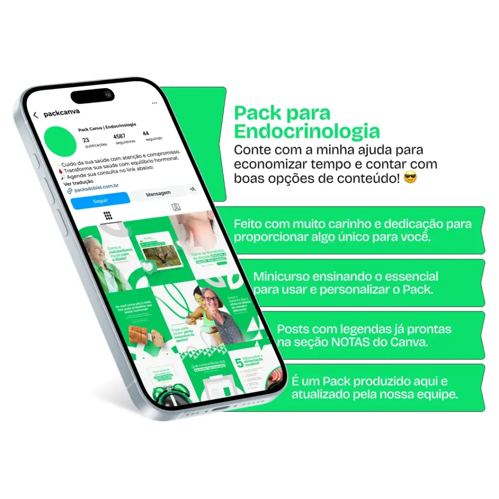 Pack Canva Endocrinologia, Saúde Hormonal e Bem-Estar – Com este kit de posts e artes editáveis no Canva, endocrinologistas, clínicas de endocrinologia e profissionais da saúde podem criar conteúdos prontos para postar no Instagram e redes sociais. Inclui materiais personalizados com conteúdos educativos sobre doenças endócrinas, equilíbrio hormonal, dicas de alimentação saudável, tratamentos e cuidados preventivos. Ideal para promover a saúde hormonal, engajar pacientes e fortalecer sua presença digital de forma estratégica e profissional.