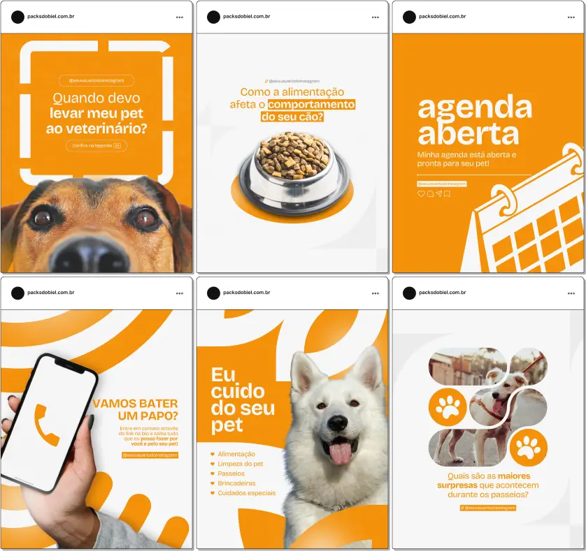 Pack Canva Pet Sitter, Cuidados com Pets e Serviços de Alojamento para Animais – Com este kit de posts e artes editáveis no Canva, pet sitters, cuidadores de animais e profissionais de hospedagem para pets podem criar conteúdos prontos para postar no Instagram e redes sociais. Inclui materiais personalizados com dicas de cuidados com animais, alimentação, segurança, benefícios da hospedagem para pets e promoções de serviços. Ideal para atrair donos de animais, fortalecer sua presença digital e promover seus serviços de forma estratégica e profissional.
