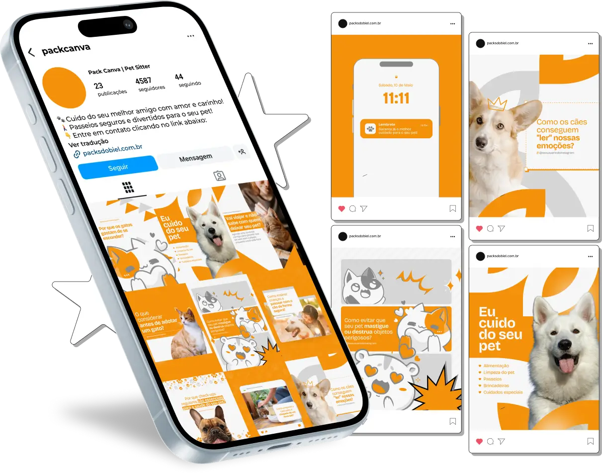 Pack Canva Pet Sitter, Cuidados com Pets e Serviços de Alojamento para Animais – Com este kit de posts e artes editáveis no Canva, pet sitters, cuidadores de animais e profissionais de hospedagem para pets podem criar conteúdos prontos para postar no Instagram e redes sociais. Inclui materiais personalizados com dicas de cuidados com animais, alimentação, segurança, benefícios da hospedagem para pets e promoções de serviços. Ideal para atrair donos de animais, fortalecer sua presença digital e promover seus serviços de forma estratégica e profissional.