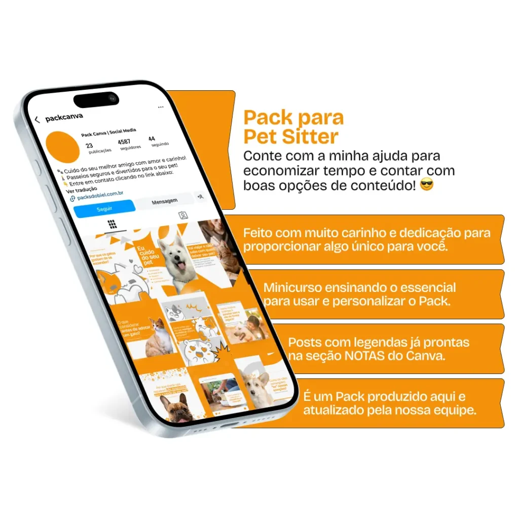 Pack Canva Pet Sitter, Cuidados com Pets e Serviços de Alojamento para Animais – Com este kit de posts e artes editáveis no Canva, pet sitters, cuidadores de animais e profissionais de hospedagem para pets podem criar conteúdos prontos para postar no Instagram e redes sociais. Inclui materiais personalizados com dicas de cuidados com animais, alimentação, segurança, benefícios da hospedagem para pets e promoções de serviços. Ideal para atrair donos de animais, fortalecer sua presença digital e promover seus serviços de forma estratégica e profissional.