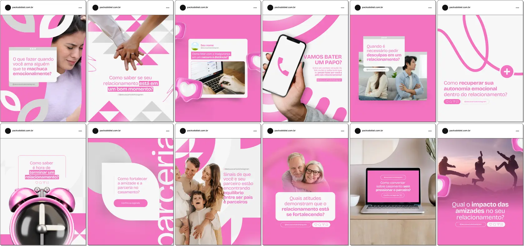 Pack Canva Psicologia de Relacionamento, Terapia de Casal e Desenvolvimento Emocional – Com este kit de posts e artes editáveis no Canva, psicólogos, terapeutas de casal e especialistas em relacionamentos podem criar conteúdos prontos para postar no Instagram e redes sociais. Inclui materiais personalizados com conteúdos educativos sobre comunicação afetiva, inteligência emocional, resolução de conflitos, vínculos saudáveis e bem-estar emocional. Ideal para engajar o público, fortalecer a presença digital e promover serviços de psicoterapia e aconselhamento de forma estratégica e profissional.