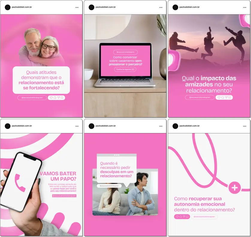 Pack Canva Psicologia de Relacionamento, Terapia de Casal e Desenvolvimento Emocional – Com este kit de posts e artes editáveis no Canva, psicólogos, terapeutas de casal e especialistas em relacionamentos podem criar conteúdos prontos para postar no Instagram e redes sociais. Inclui materiais personalizados com conteúdos educativos sobre comunicação afetiva, inteligência emocional, resolução de conflitos, vínculos saudáveis e bem-estar emocional. Ideal para engajar o público, fortalecer a presença digital e promover serviços de psicoterapia e aconselhamento de forma estratégica e profissional.