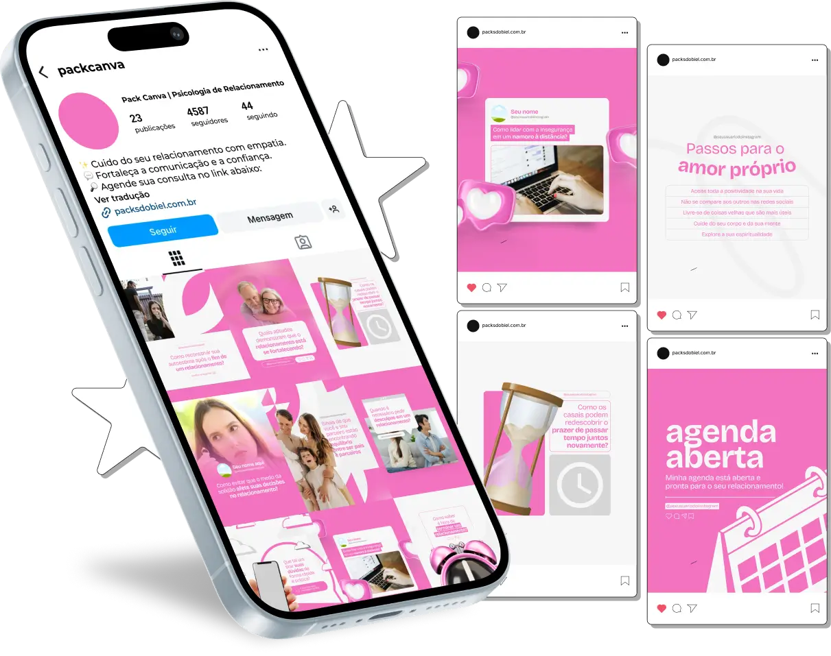 Pack Canva Psicologia de Relacionamento, Terapia de Casal e Desenvolvimento Emocional – Com este kit de posts e artes editáveis no Canva, psicólogos, terapeutas de casal e especialistas em relacionamentos podem criar conteúdos prontos para postar no Instagram e redes sociais. Inclui materiais personalizados com conteúdos educativos sobre comunicação afetiva, inteligência emocional, resolução de conflitos, vínculos saudáveis e bem-estar emocional. Ideal para engajar o público, fortalecer a presença digital e promover serviços de psicoterapia e aconselhamento de forma estratégica e profissional.