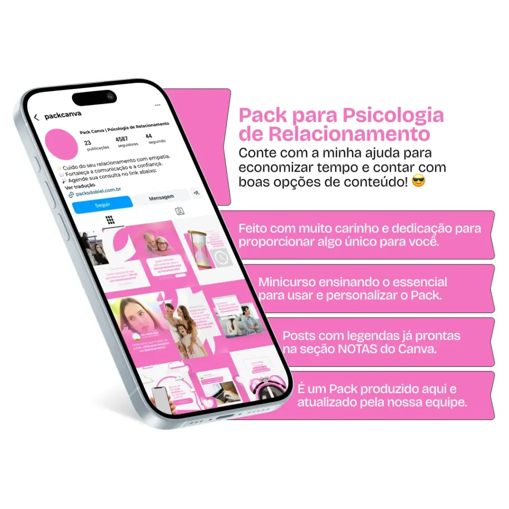 Pack Canva Psicologia de Relacionamento, Terapia de Casal e Desenvolvimento Emocional – Com este kit de posts e artes editáveis no Canva, psicólogos, terapeutas de casal e especialistas em relacionamentos podem criar conteúdos prontos para postar no Instagram e redes sociais. Inclui materiais personalizados com conteúdos educativos sobre comunicação afetiva, inteligência emocional, resolução de conflitos, vínculos saudáveis e bem-estar emocional. Ideal para engajar o público, fortalecer a presença digital e promover serviços de psicoterapia e aconselhamento de forma estratégica e profissional.
