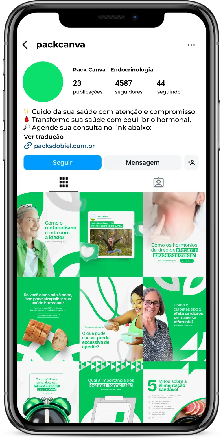 Com este Pack Canva para Endocrinologia, você compartilha posts informativos sobre prevenção e tratamento de doenças endócrinas, dicas para controle glicêmico, alimentação saudável, equilíbrio hormonal, exercícios físicos e bem-estar. Tudo editável e pronto para postar.