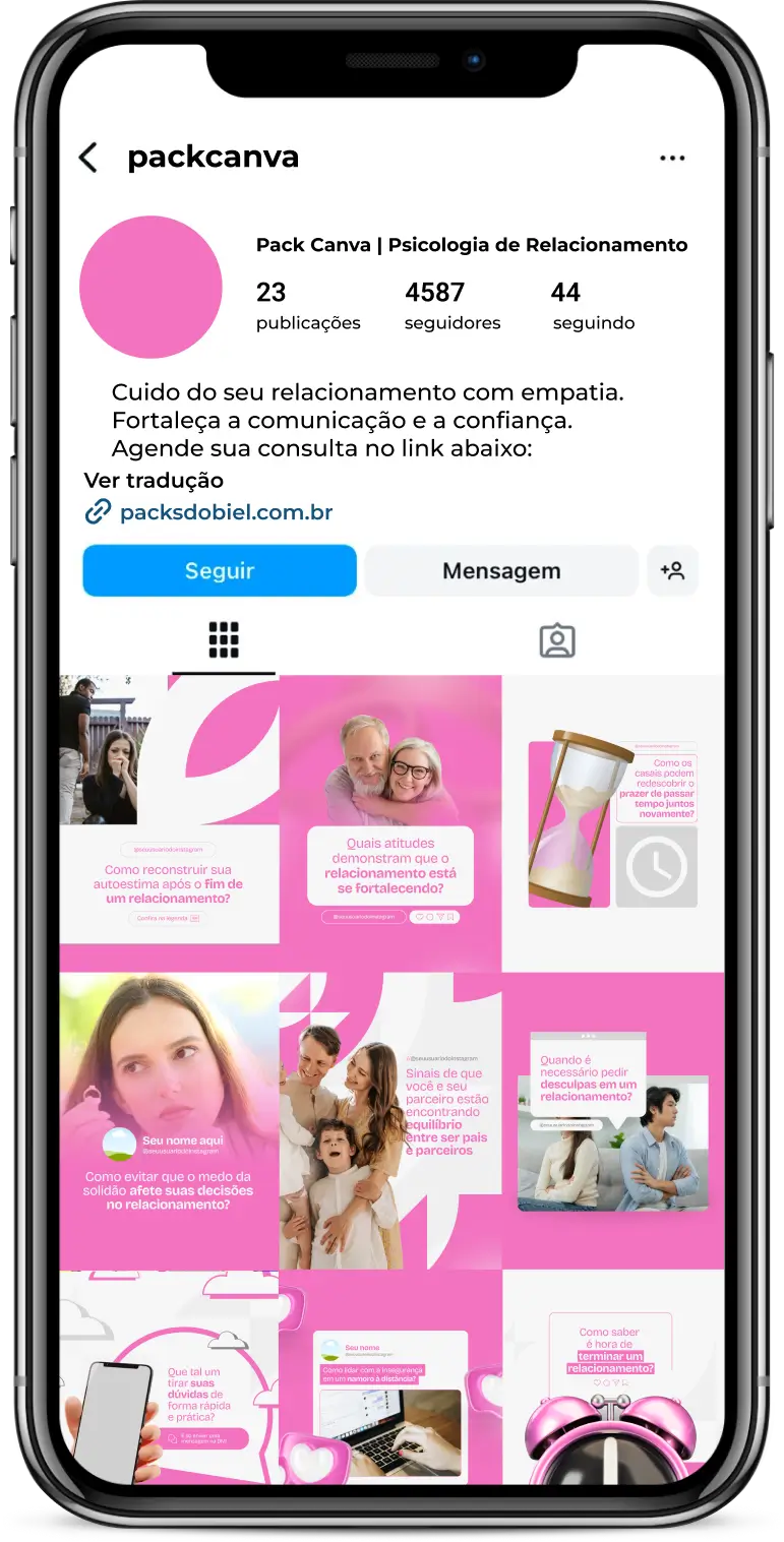 Pack Canva Psicologia de Relacionamento, Terapia de Casal e Desenvolvimento Emocional – Com este kit de posts e artes editáveis no Canva, psicólogos, terapeutas de casal e especialistas em relacionamentos podem criar conteúdos prontos para postar no Instagram e redes sociais. Inclui materiais personalizados com conteúdos educativos sobre comunicação afetiva, inteligência emocional, resolução de conflitos, vínculos saudáveis e bem-estar emocional. Ideal para engajar o público, fortalecer a presença digital e promover serviços de psicoterapia e aconselhamento de forma estratégica e profissional.